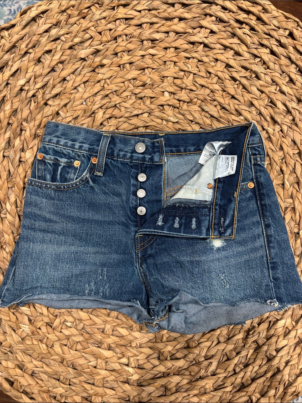 Levi's Distressed Mid-Rise Dark Blue Denim Shorts